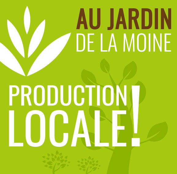 Fond vert avec quelques petits éléments graphique de feuilles et d'arbres, plus le nom de l'entreprise et l'indication de production locale en blanc par-dessus