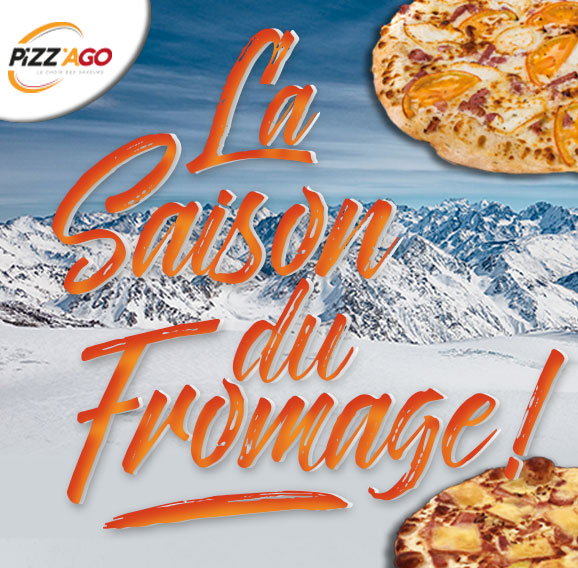 Titre de la campagne hiver "la saison du fromage" en orange avec un décor de montagnes enneigées en arrière plan